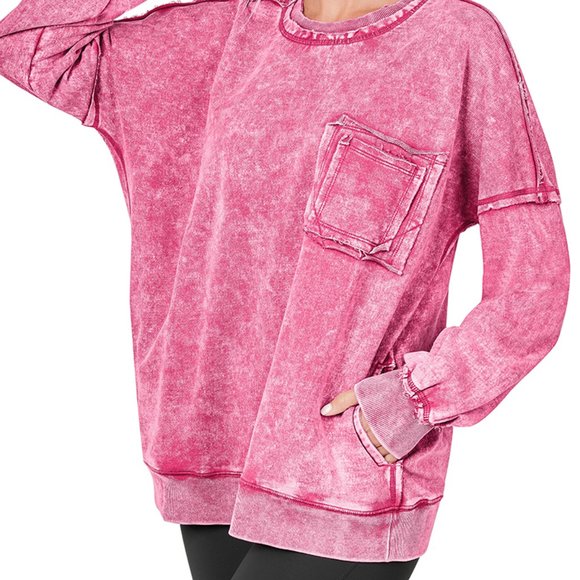 Zenana Outfitters Tops - Brand New Ash Pink Zenana French Terry Acid Wash Pullover